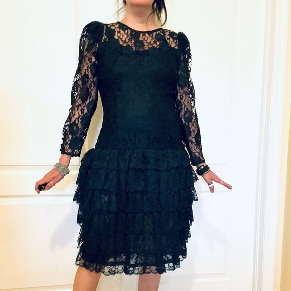 Wednesday Dresses Collections / Beene Black Lace Dress with ruffles - Picture 1 of 16
